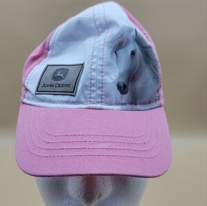 John Deere Toddler Girl's Hat Cap Pink White Horse Image One Size Stretch Back
